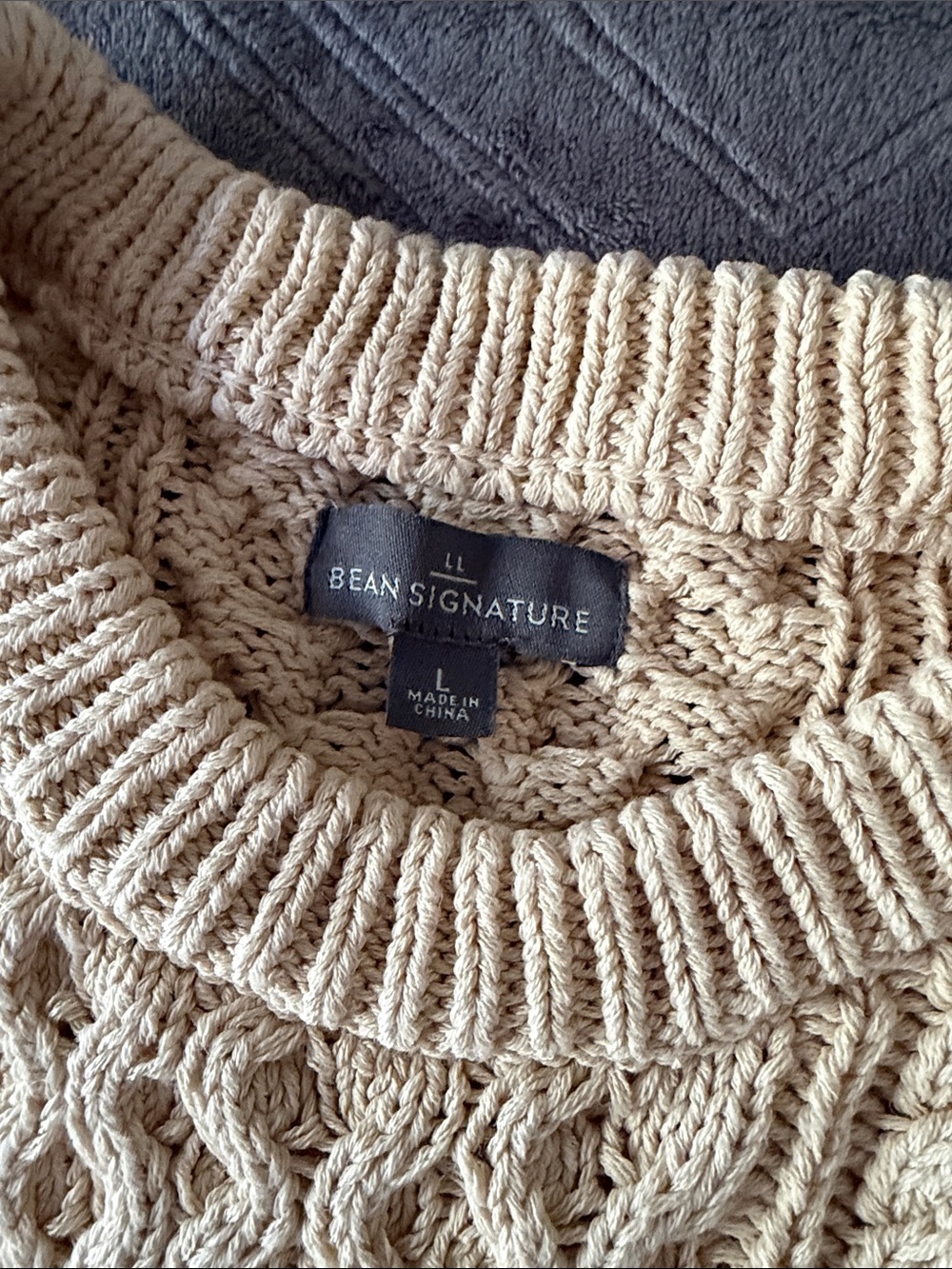 L.L. Bean Signature Cotton Fisherman Cable Knit Sweater Cream Navy Stripe Large - Picture 4 of 12